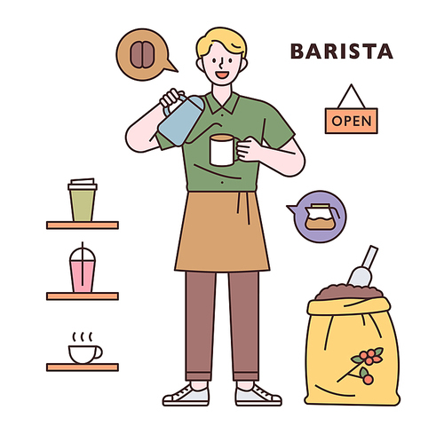 바리스타 캐릭터와 커피 아이콘들 세트.