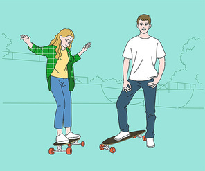 젊은 커플이 공원에서 스케이트 보드를 타고 있다. 손그림 스타일 일러스트레이션.