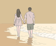커플이 해변을 손을 잡고 걸어가고 있다. 손그림 스타일 일러스트레이션.