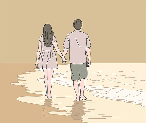 커플이 해변을 손을 잡고 걸어가고 있다. 손그림 스타일 일러스트레이션.