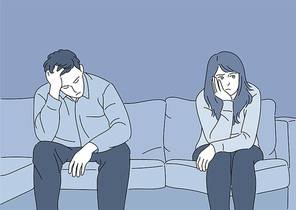 한 커플이 화가난 표정으로 소파에 앉아 있다. 손그림 스타일 일러스트레이션.
