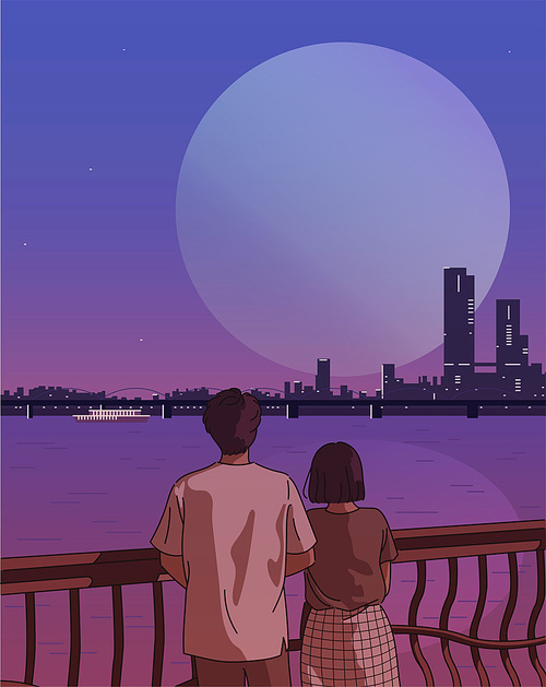 커다란 달이뜬 도시의 밤 풍경을 바라보는 커플의 뒷모습. 손그림 스타일 일러스트레이션.