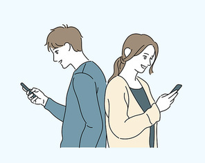 휴대폰을 보고 있는 남자와 여자가 서로 등을 맞대고 서있다. 손그림 스타일 일러스트레이션.