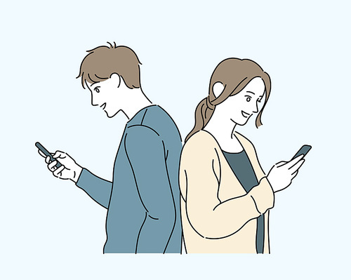 휴대폰을 보고 있는 남자와 여자가 서로 등을 맞대고 서있다. 손그림 스타일 일러스트레이션.