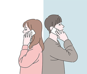한 커플이 서로 등을 대고 서서 전화를 하고 있다. 손그림 스타일 일러스트레이션.