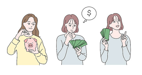한 여성이 저금을 하며 돈 계획을 세우고 있다. 손그림 스타일 일러스트레이션.