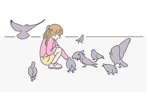 한 소녀가 공원의 비둘기에게 먹이를 주고 있다. 손그림 스타일 일러스트레이션.