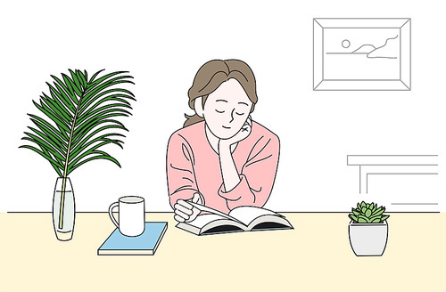 한 소녀가 화분이 있는 책상에서 책을 읽고 있다. 손그림 스타일 일러스트레이션.