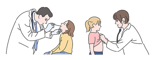 어린이 환자를 진료하는 소아과 의사. 손그림 스타일 일러스트레이션.