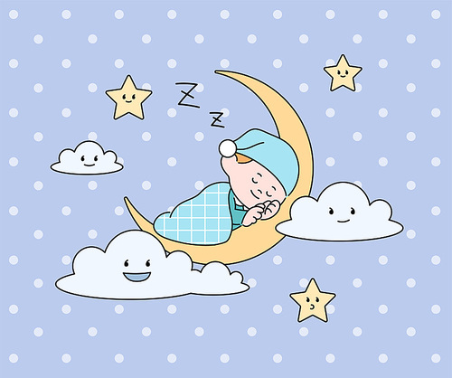 귀여운 아이가 초승달 위에서 자고 있다. 손그림 스타일 일러스트레이션.