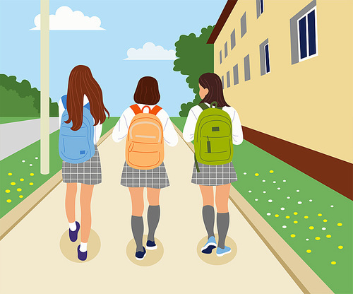 교복을 입고 책가방을 멘 세 여학생의 뒷모습. 손그림 스타일 일러스트레이션.