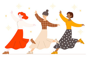 세명의 여성이 춤을 추고 있다. 손그림 스타일 일러스트레이션.