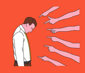 한 남자가 비난의 손가락질을 받고 고개를 숙이고 있다. 손그림 스타일 일러스트레이션.