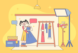 인터넷 방송을 촬영중인 패션 인플루언서의 스튜디오. 심플한 벡터 스타일의 아웃라인이 있는 일러스트레이션.