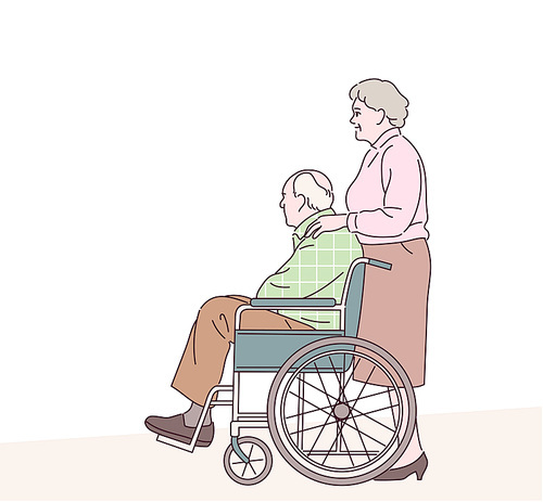 휠체어를 탄 할아버지와 함께 서있는 할머니. 손그림 스타일 일러스트레이션.