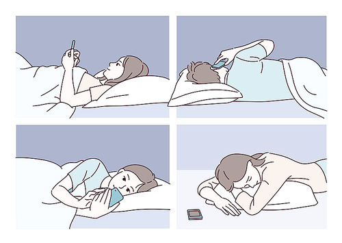 잠들기전 침대에 누워 휴대폰을 보는 사람들. 손그림 스타일 일러스트레이션.