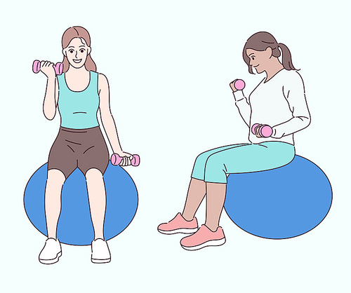 두 여성이 짐볼에 앉아 아령을 손에들고 운동을 하고 있다. 손그림 스타일 일러스트레이션.