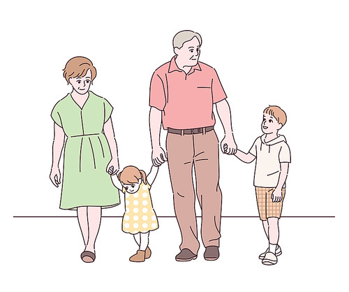 할머니 할아버지가 손자와 손녀의 손을 잡고 걷고 있다. 손그림 스타일 일러스트레이션.