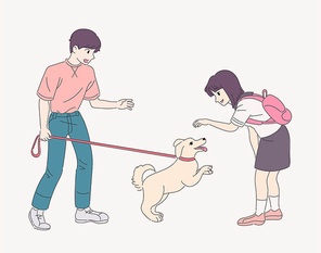 한 남자가 개를 산책시키고 있고, 개는 소녀를 보고 반가워 하고 있다. 손그림 스타일 일러스트레이션.