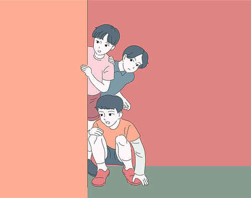 세명의 소년이 골목뒤에 숨어서 망을 보고 있다. 손그림 스타일 일러스트레이션.