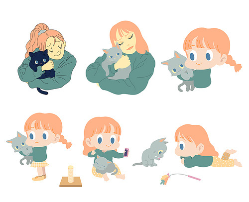 여러가지 그림체의 소녀 캐릭터. 소녀가 고양이와 함께 놀고 있다. 손그림 스타일 일러스트레이션.
