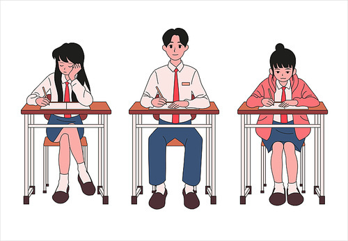 책상에 앉아있는 학생들 캐릭터. 손그림 스타일 일러스트레이션.