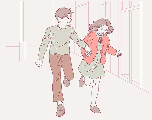 남자와 여자가 손을 잡고 귀엽게 뛰어가고 있다. 손그림 스타일 일러스트레이션.