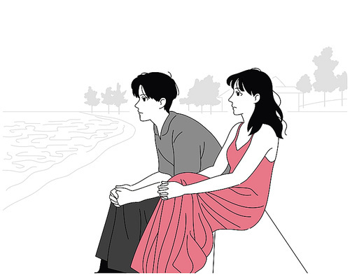 남자와 여자가 바다를 바라보고 조용히 앉아있다. 손그림 스타일 일러스트레이션.