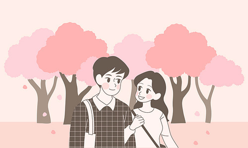 한 커플이 벚꽃길을 함께 걷고 있다. 손그림 스타일 일러스트레이션.