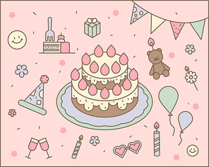 커다란 딸기 케이크와 파티 용품들 데코레이션. 심플한 벡터 스타일의 아웃라인이 있는 일러스트레이션.