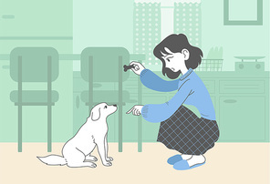 한 여성이 개에게 간식을 주기전 훈련을 하고 있다. 손그림 스타일 일러스트레이션.