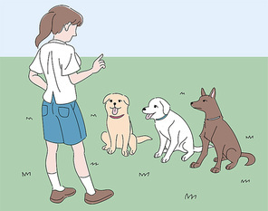 한 소녀가 공원에서 개들을 앉혀 놓고 훈련을 시키고 있다. 손그림 스타일 일러스트레이션.