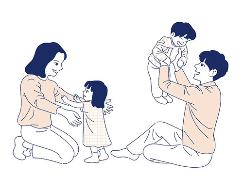 행복한 가족의 모습. 손그림 스타일 일러스트레이션.