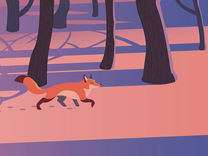 여우 한마리가 숲속을 걸어가고 있다. 손그림 스타일 일러스트레이션.