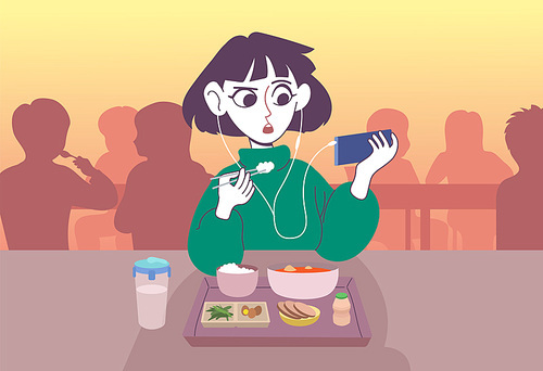 한 소녀가 휴대폰을 보며 구내식당에서 밥을 먹고 있다. 손그림 스타일 일러스트레이션.
