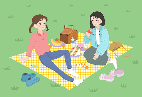 두 친구가 공원에 돗자리를 펴고 소풍을 즐기고 있다. 손그림 스타일 일러스트레이션.