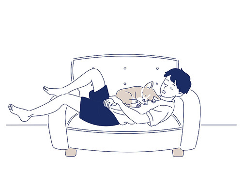 한 소년이 소파에 강아지와 함께 누워 있다. 손그림 스타일 일러스트레이션.
