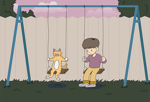 소년이 슬픈 표정으로 그네를 타고 있고 옆에 고양이 친구가 함께 그네를 타고 있다. 손그림 스타일 일러스트레이션.