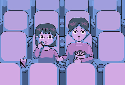 커플이 극장에서 손을 잡고 무서운 영화를 보고 있다. 손그림 스타일 일러스트레이션.