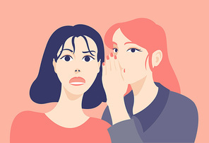 한 여성이 다른 여성의 귀에 귓속말을 하고 있다. 손그림 스타일 일러스트레이션.