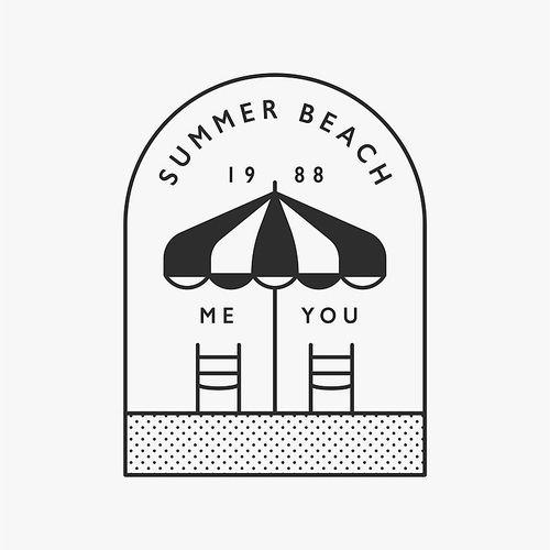 여름 해변 파라솔과 비치의자. 블랙 라인 일러스트 로고.