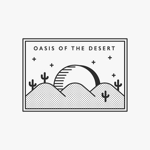 사막의 오아시스. 블랙 라인 일러스트 로고.