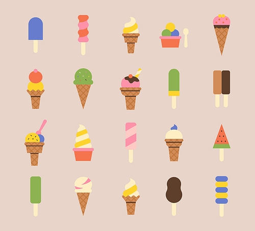 여러가지 종류와 맛의 아이스크림 아이콘. 심플한 벡터 스타일의 일러스트레이션.