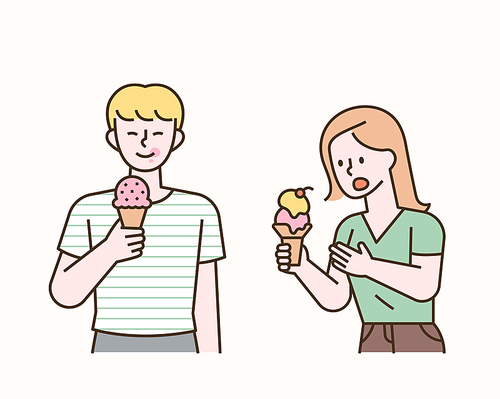 남자와 여자가 콘 아이스크림을 먹고 있다. 심플한 벡터 스타일의 아웃라인이 있는 일러스트레이션.
