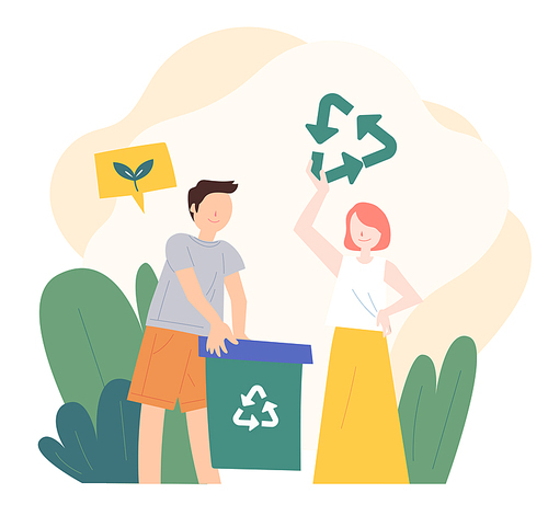 쓰레기 분리수거를 해서 재활용을 실천하는 사람들. 심플한 벡터 스타일의 일러스트레이션.