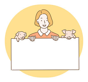 한 소녀가 아기돼지들과 함께 흰 보드를 손에 들고 있다. 손그림 스타일 일러스트레이션.