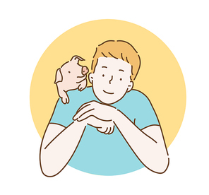 한 남자 어깨위에 아기 돼지가 있고 함께 미소짓고 있다. 손그림 스타일 일러스트레이션.