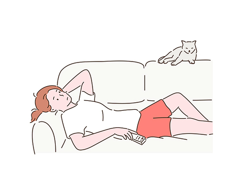 한 여성이 소파에 누워 지루한 표정을 하고 있다. 손그림 스타일 일러스트레이션.