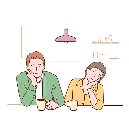 카페에 앉아 무기력한 표정을 하고 있는 두사람. 손그림 스타일 일러스트레이션.