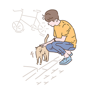 한 소년이 길고양이를 쓰다듬고 있다. 손그림 스타일 일러스트레이션.